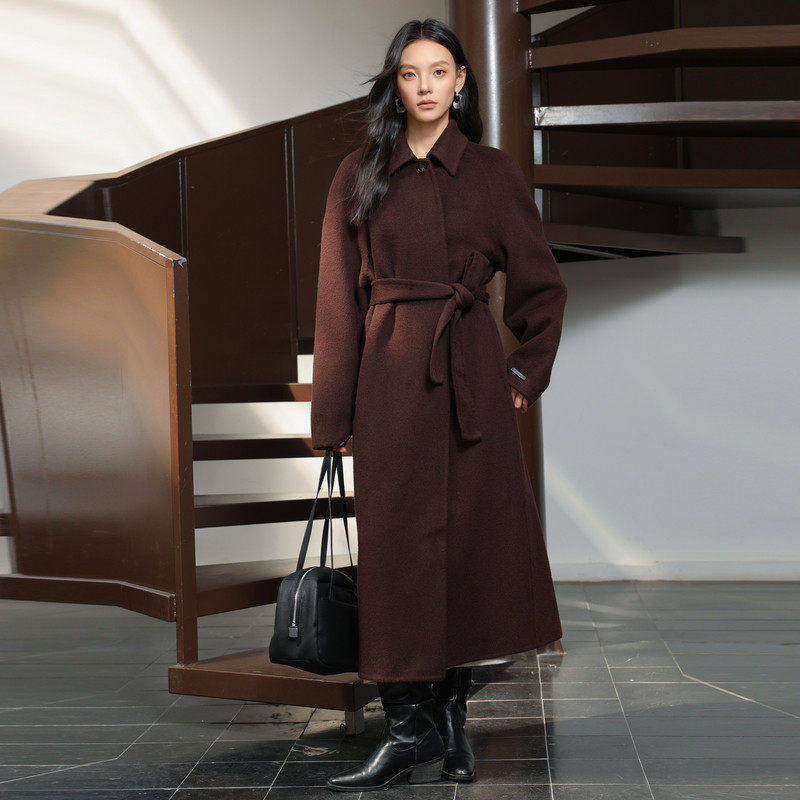 AIRIQI冬季新款休闲复古翻领双面呢暗门襟羊毛毛呢外套AH44