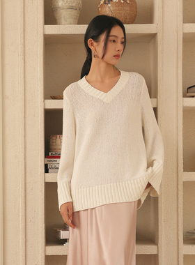 AIRIQI春季新款宽松V领套头垂感慵懒风全棉长袖针织衫女AH51MS348