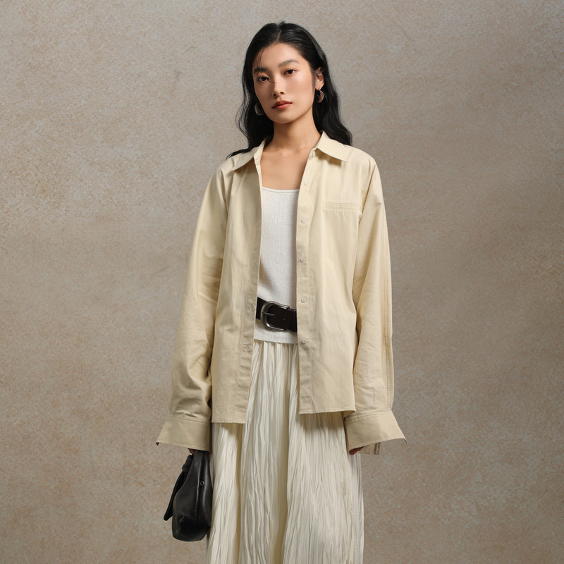 AIRIQI春季新款休闲通勤宽松廓形翻领全棉亲肤长袖衬衫AY53