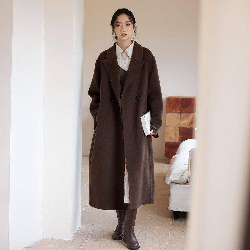 黑标BAIZHUO冬季新款老钱风宽松落肩羊毛双面呢毛呢外套AZ4