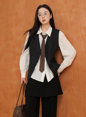 黑标BAIZHUO冬季新款休闲通勤风气质V领西装马夹外套女AZ44MJ514
