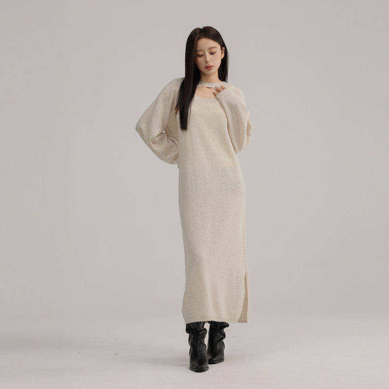 AIRIQI冬季新款休闲极简针织吊带连衣裙+披肩全羊毛套装AX4