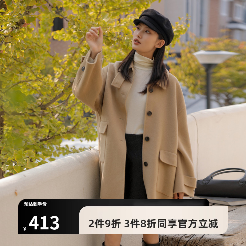AIRIQI冬季新款复古立领绵羊毛大衣中长款双面毛呢外套AH34