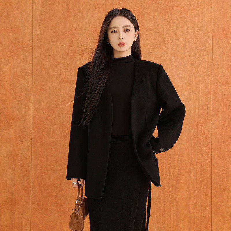 黑标BAIZHUO冬季新款休闲简约V领全羊毛双面呢毛呢外套AZ4