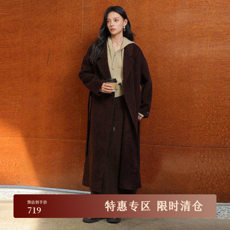 黑标BAIZHUO冬季新款休闲宽松微廓带腰带双面呢毛呢外套AZ4