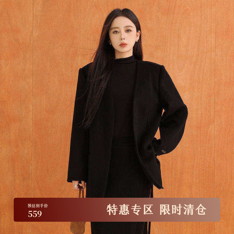 黑标BAIZHUO冬季新款休闲简约V领全羊毛双面呢毛呢外套AZ4