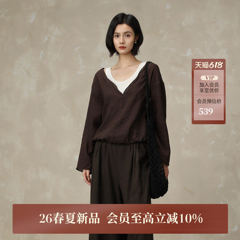 BAIZHUO商场同款26夏新款复古假两件独特漂亮苎麻小衫AZ6