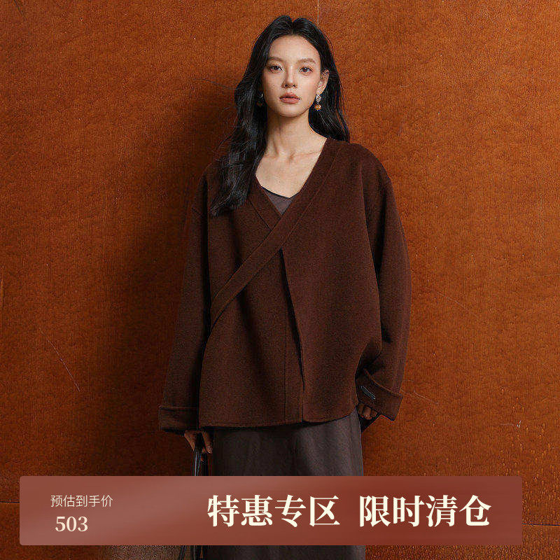 黑标BAIZHUO冬季新款新中式门襟宽松慵懒双面呢毛呢外套AZ4