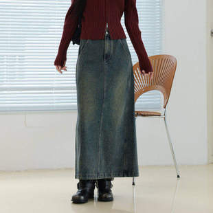 AIRIQI秋季 休闲百搭口袋设计感直筒开叉牛仔半身裙AI43NQ111 新款