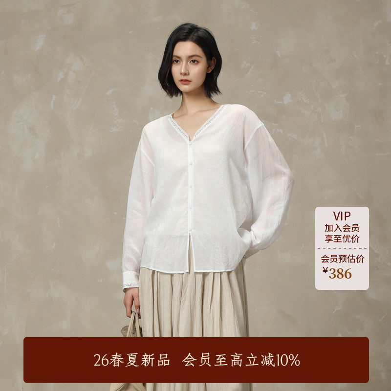 AIRIQI商场同款26夏新款蕾丝花边V领落肩苎麻天丝衬衫AH62CS408