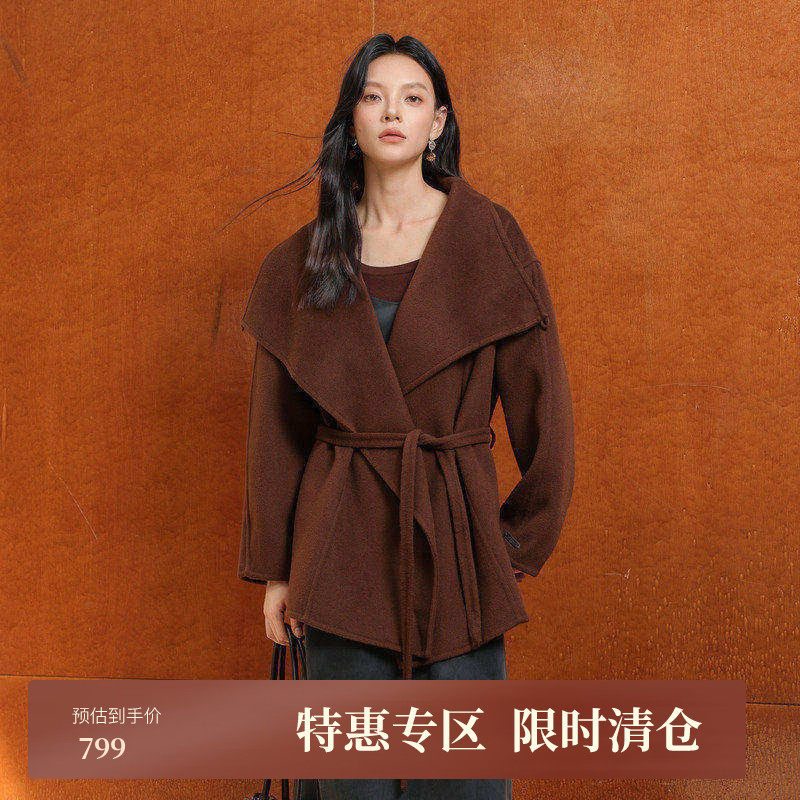 黑标BAIZHUO冬季新款大翻领轻盈短款系带双面呢毛呢外套AZ4