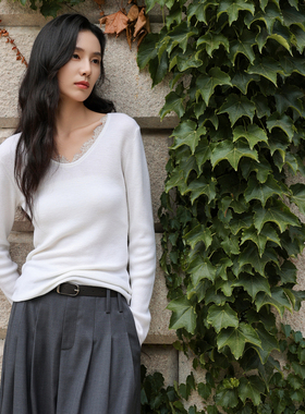 黑标BAIZHUO春季新款法式蕾丝拼接V领修身全羊毛针织衫AZ53MS097