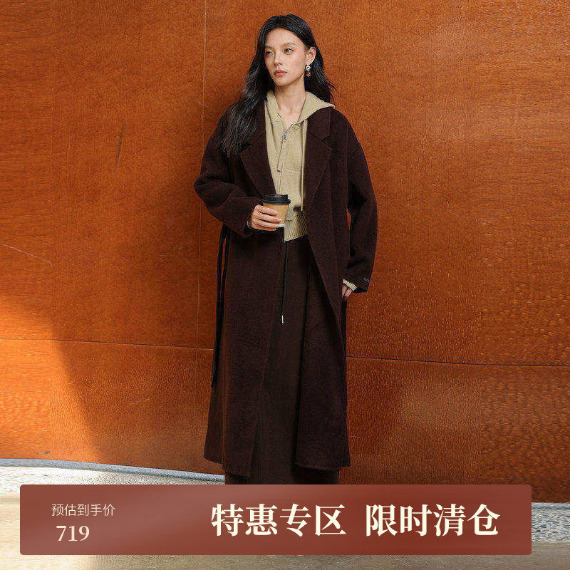 黑标BAIZHUO冬季新款休闲宽松微廓带腰带双面呢毛呢外套AZ4