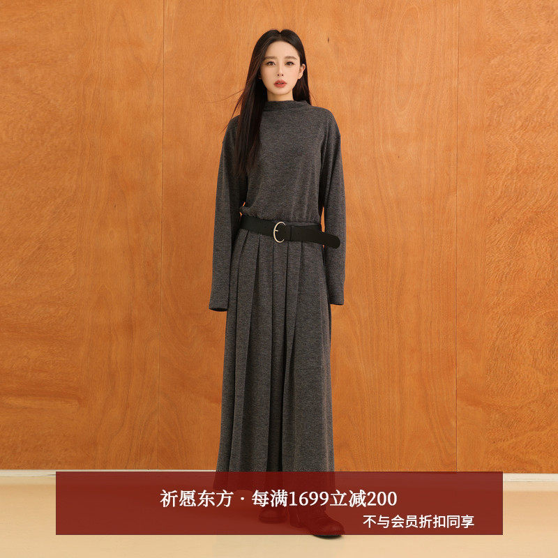 AIRIQI商场同款25冬新款休闲堆褶立领收腰针织连衣裙女AY5