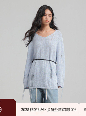 AIRIQI商场同款25秋新款休闲宽松镂空破洞感V领针织衫女AX53MS403