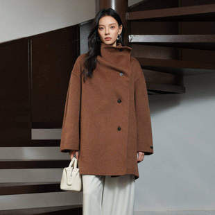 黑标BAIZHUO冬季 防风立领高级感羊毛混纺毛呢外套女AZ44DY224 新款