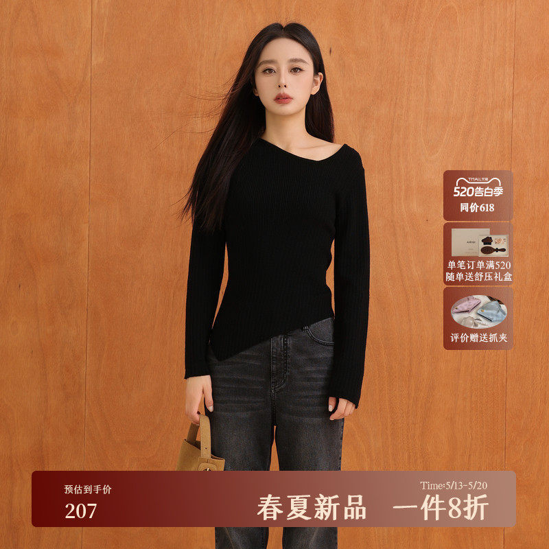 黑标BAIZHUO春季新款斜肩不规则设计修身长袖羊毛针织衫AZ5