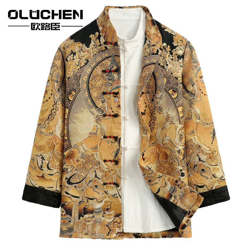 OULUCHEN中国风盘扣手工唐装男金线刺绣外套男国潮中式立领礼服