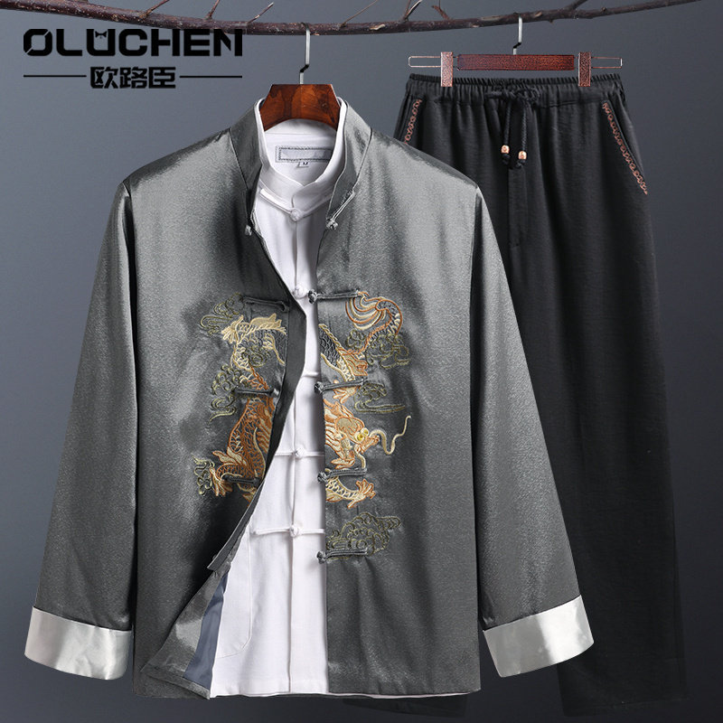 OULUCHEN中老年唐装男长袖衬衫套装春秋过寿生日衣服中国风两件套