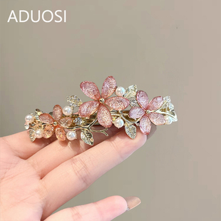 粉色琉璃花朵后脑勺半扎弹簧夹发卡精致头饰横夹发夹2025新款高端