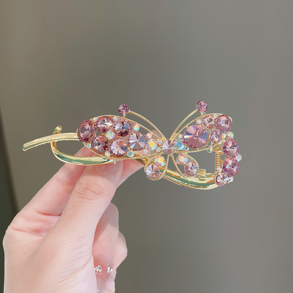 阿朵丝高档紫色蝴蝶水钻发夹网红扭扭夹一字青蛙扣后脑勺盘发夹子