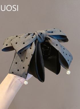 韩国东大门灰色波点马尾抓夹女缎面蝴蝶结甜美发抓半扎发精致夹子