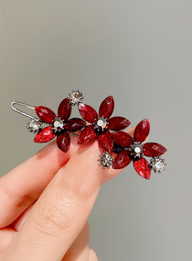 复古红色渐变琉璃花朵发夹女刘海侧边夹后脑勺半扎夹子一字青蛙扣