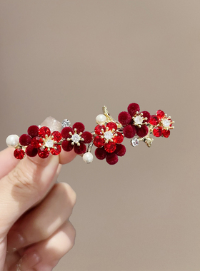 复古红色花朵顶夹发卡气质玫瑰半扎发一字夹马尾弹簧夹侧边发卡女