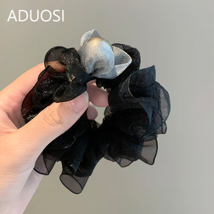 黑色网纱花苞珍珠大肠发圈女高级感2025新款头花低丸子头发绳发饰