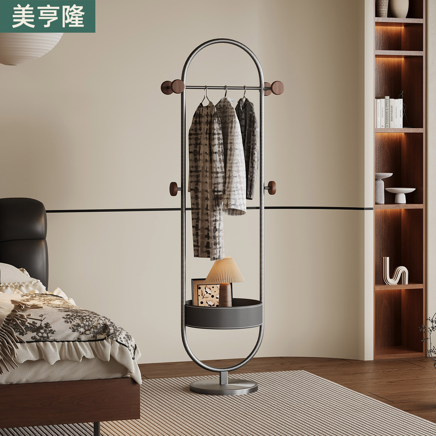 意式简约现代床头柜一体衣帽架卧室床边落地收纳实木不锈钢挂衣架