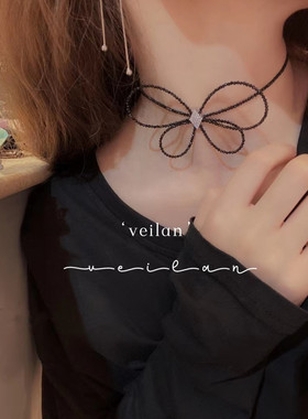 个性黑水晶项链手工蝴蝶结锁骨链