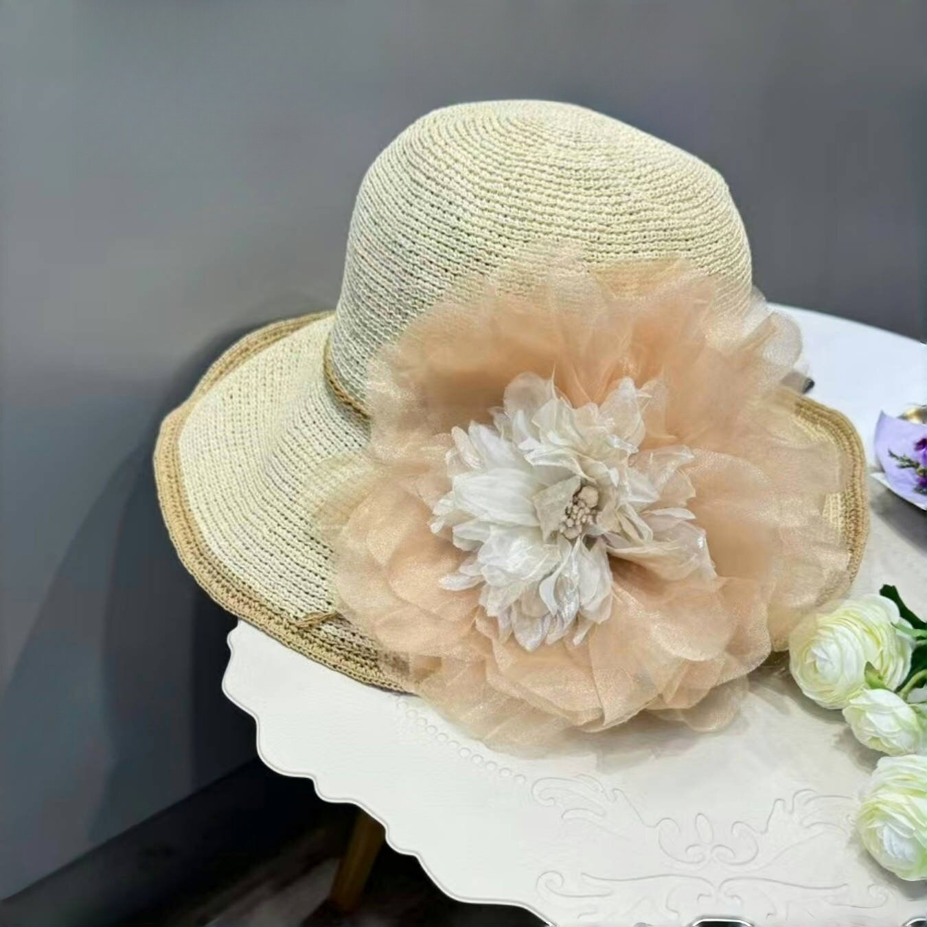 韩国设计师款可拆卸蕾丝大花朵草帽大帽檐渔夫帽度假沙滩遮阳帽子