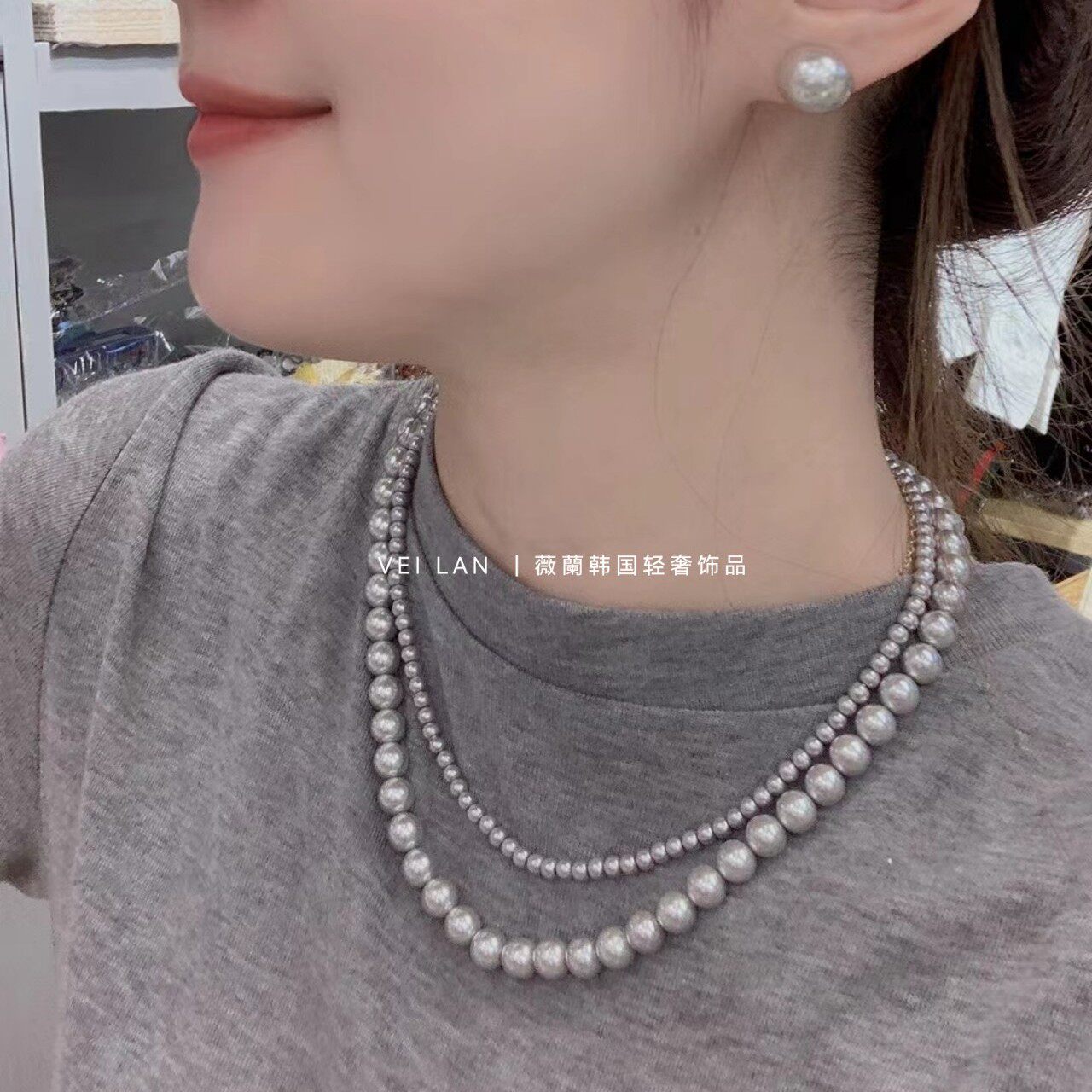 韩国进口麻灰色珍珠项链轻奢小众颈链女秋冬双层设计感毛衣链配饰