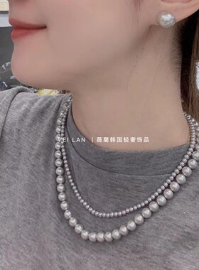 韩国进口麻灰色珍珠项链轻奢小众颈链女秋冬双层设计感毛衣链配饰