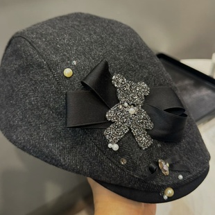 韩国进口重工镶钻复古前进帽子英伦风百搭画家帽显脸小报童鸭舌帽