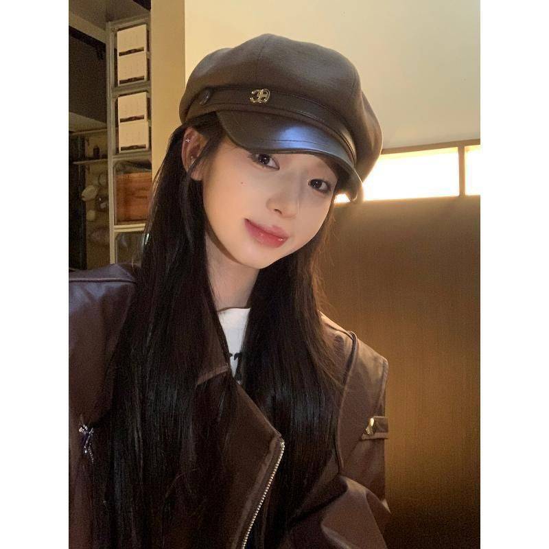 网红气质秋冬毛呢黑色帽子女英伦复古短檐画家帽显脸小百搭八角帽
