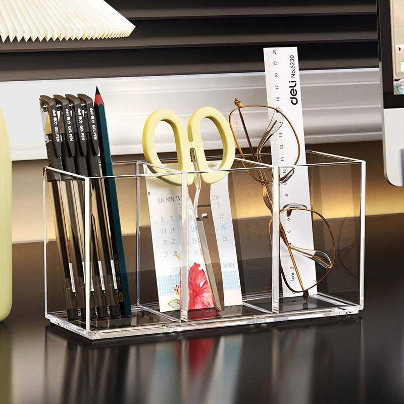 笔筒收纳盒亚克力透明轻奢高级感笔桶学生桌面办公室创意分格笔架