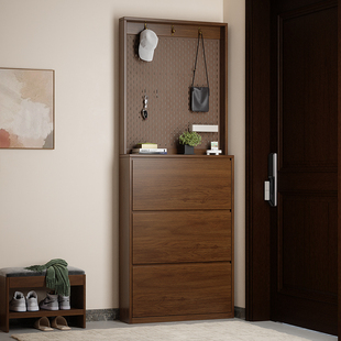 全实木橡木翻斗超薄鞋柜家用室内墙边柜入户门一体靠墙胡桃色鞋架