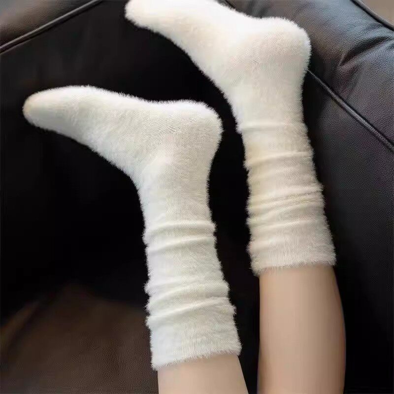 冬季毛茸茸袜子小腿袜女秋冬水貂绒加绒加厚保暖睡眠袜长筒堆堆袜