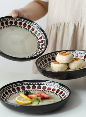 二郎家 家用美式复古餐具红色新年釉下彩陶瓷盘子菜盘深盘微瑕