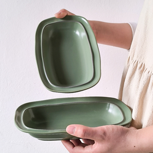 雅纹抹茶绿鱼盘装鱼盘子家用蒸鱼椭圆形菜盘子家用陶瓷椭圆盘微瑕