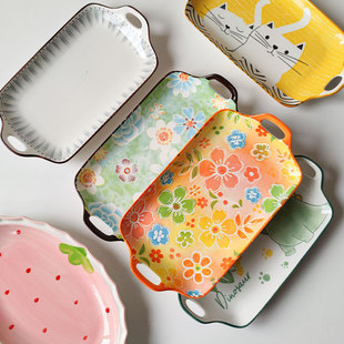 鱼盘清仓家用蒸鱼盘子高级感装 日式 鱼餐盘长方形陶瓷双耳菜盘微瑕