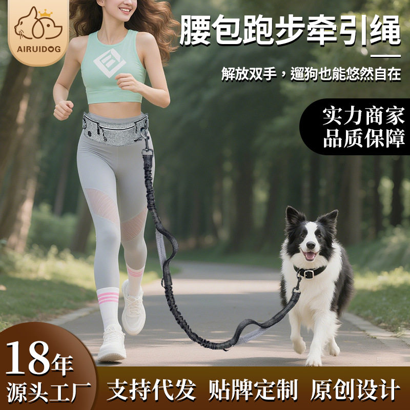 跨境防爆冲跑步遛狗绳 尼龙反光多功能可伸缩运动腰包宠物牵引绳