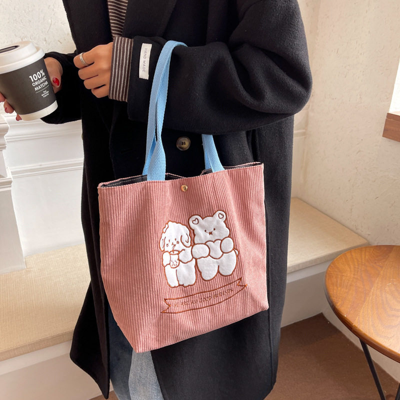 小白兔几 韩国ins可爱灯芯绒刺绣手提包少女心小熊学生手拎便当袋