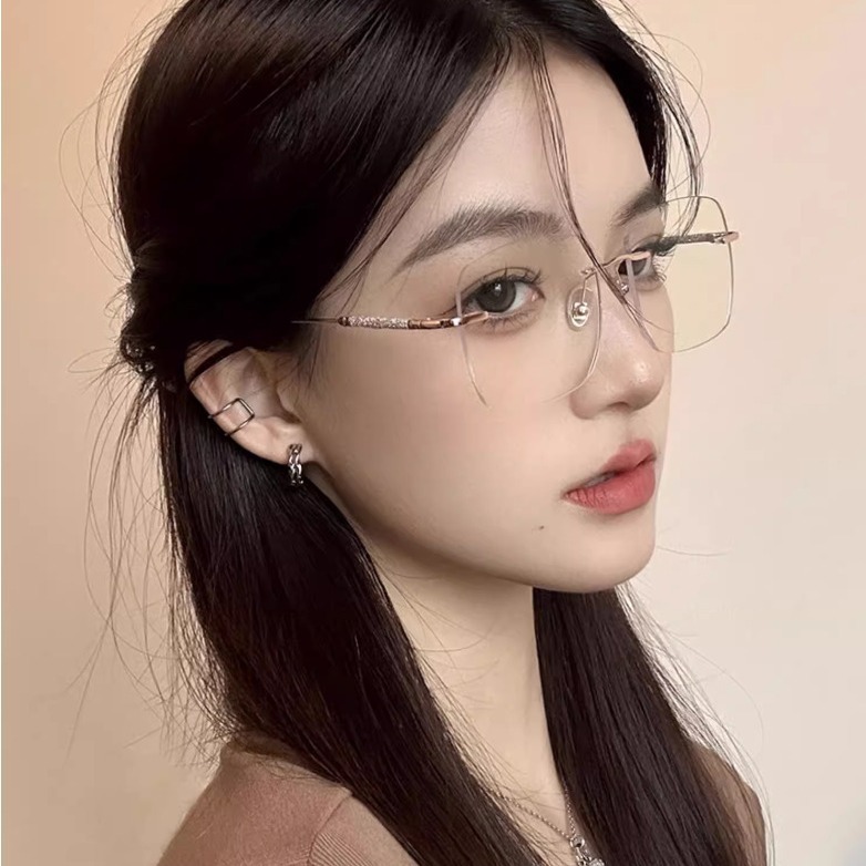 无边框眼镜欲满天星无框近视眼镜女可配素颜圆脸大框显瘦金丝眼睛