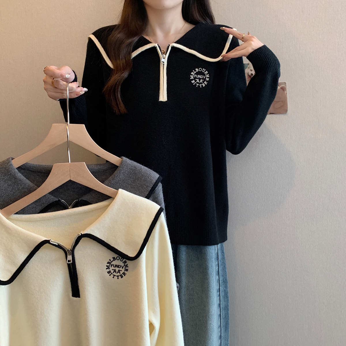 乐乐推荐丨长袖显瘦毛针织衫针织翻领娃娃女装娃娃领秋冬百搭