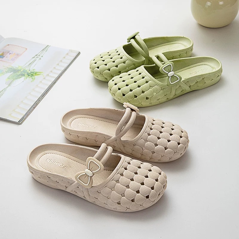 时尚休闲居家软底透气镂空包头拖蝴蝶结鞋女秋夏季外穿防滑半拖鞋