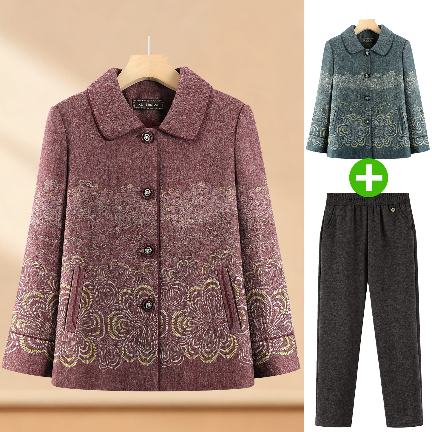 中老年妈妈春装印花毛呢外套宽松开衫老人奶奶春秋上衣服洋气时尚