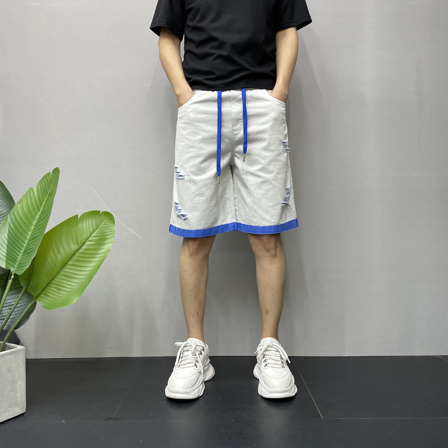 夏季薄款牛仔五分裤男个性拼色做旧破洞裤子潮流百搭外穿宽松短裤