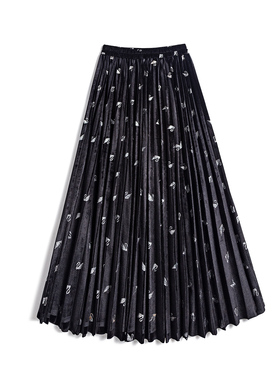 29841 烫金丝绒半身裙女秋冬遮胯显瘦高腰百褶大摆裙中长裙